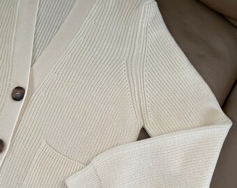 Handmade Merino Wool Knit Cardigan: Fisherman Sweater with Pockets