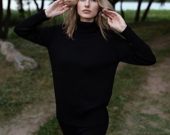 Natural Merino Wool Turtleneck Sweater - Handmade Knit Jumper