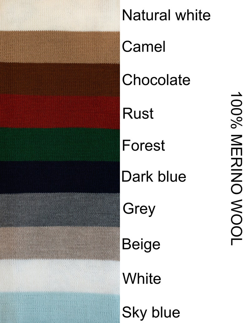 Op de afbeelding: Een kleurkaart met 11 verschillende kleuren 100% merinowol. De kleuren zijn: naturel wit, camel, chocolade, roest, bos, donkerblauw, grijs, beige, wit en hemelsblauw.