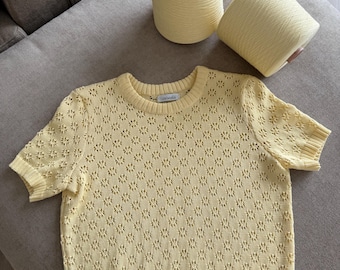 Cotton Lace Knit Top: Short Sleeve Minimal Summer Blouse