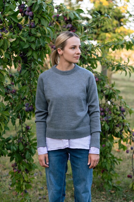Handmade Merino Wool Sweater: Grey Crew Neck Knitwear