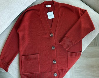 Merino Wool Knit Cardigan: Button-Up Red Women's Sweater