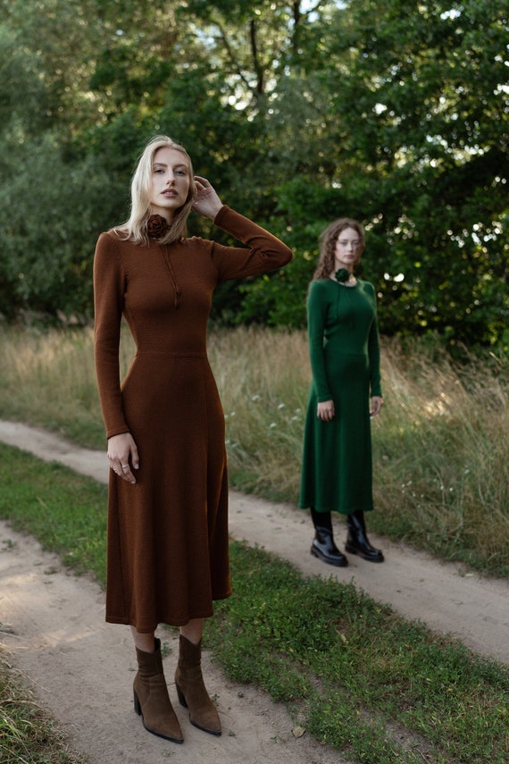 Merino Wool Knit Dress: High Waist A-Line Tunic