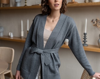 Belted cardigan for women, Women's merino wool sweater, Winter sweater, Grey kimono style wrap cardigan with a belt, Minimalist loungewear