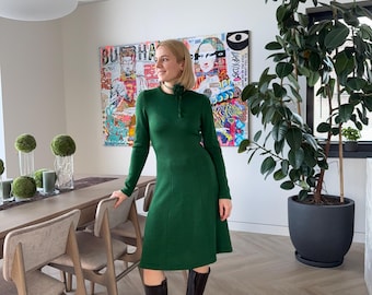 Merino Wool Knitted Sweater Dress: Minimal A-line Dress for Women