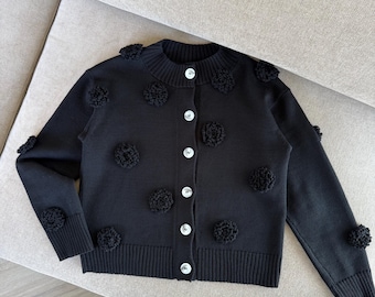 Merino Wool Cardigan: Knitted Button-Down Sweater with Crochet Flowers