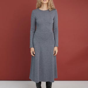 May include: A long-sleeved, mid-calf length dress in a solid medium gray color. The garment features a round neckline, a fitted bodice, and a flared skirt section with vertical seam detailing that extends from the waist down to the hemline.