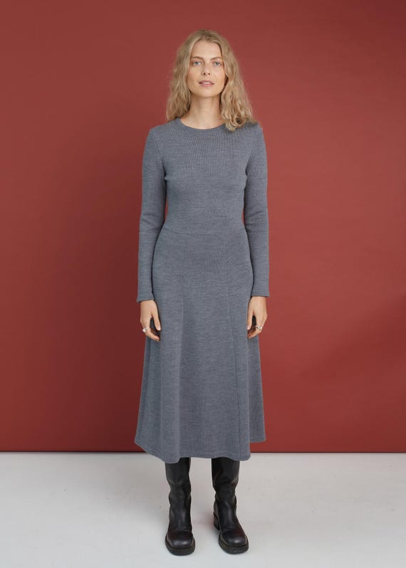 Knitted Merino Wool A-Line Dress: Handmade Midi Sweater Tunic Knitted Merino Wool A-Line Dress: Handmade Midi Sweater Tunic