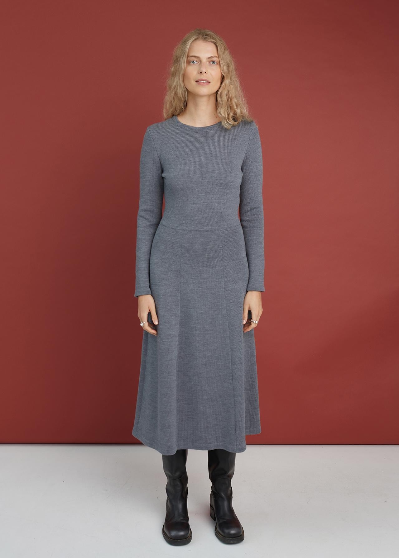 Knitted Merino Wool A-Line Dress Handmade Midi Sweater Tunic