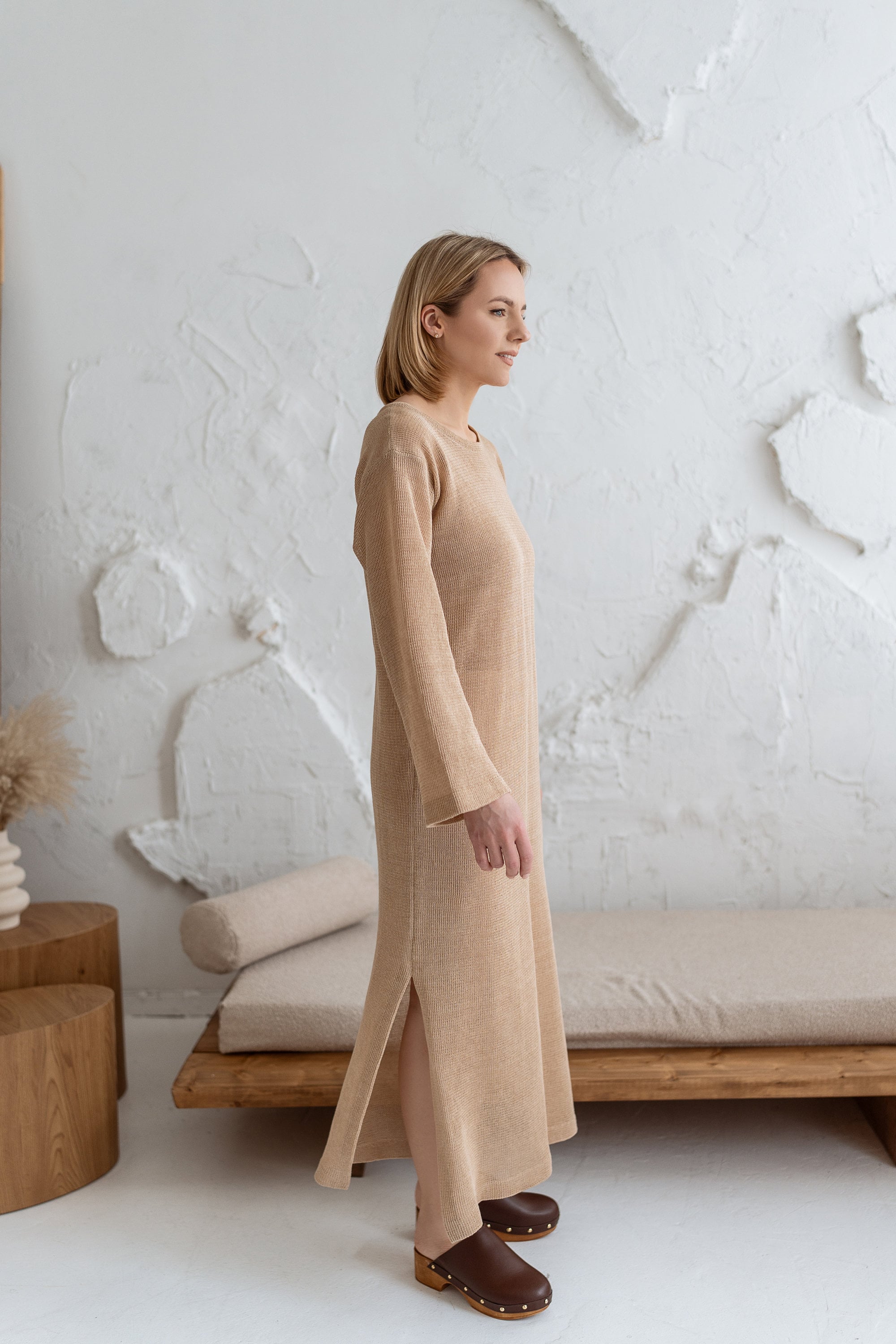 knit linen dress Dress: Women's Long Sleeve Maxi With Side Slits Onia