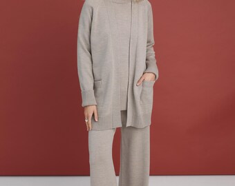 Merino Wool Knit Three Piece Set – Cardigan, Sweater & Wide Leg Pants