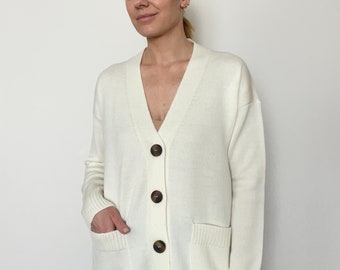 Classic extra fine Merino wool drop shoulder cardigan for women, Women's minimalist Merino wool sweater with pockets, Minimalist knitwear