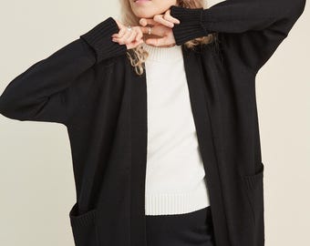 Handmade Merino Wool Knit Cardigan with Pockets - Open Front Sweater