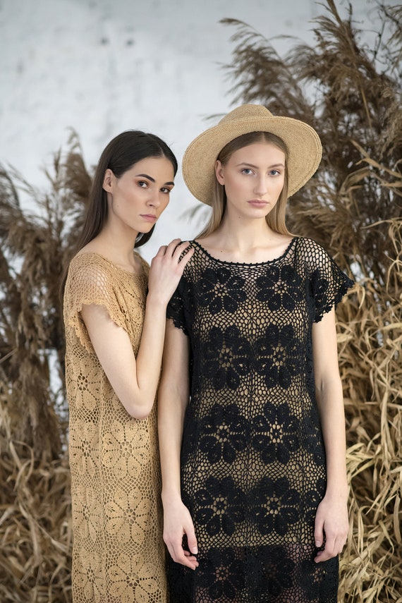 Oversized Crochet Dress for Women Beige Cotton Dress Summer