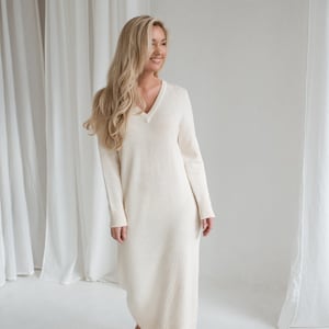 Knitted merino wool dress, Long sleeve knit dress, V-neck merino dress, Loose-fit casual dress, Knitted ankle length merino dress