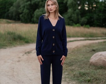 Merino Wool Knit Loungewear Set: Wide Leg Pants & Cardigan