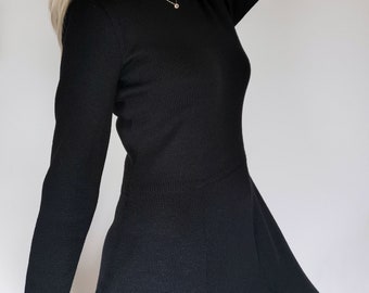 Black merino dress, Feminine knee length body frock, High waist elegant knitted dress, Handmade dress, Capsule wardrobe minimalistic outfit.