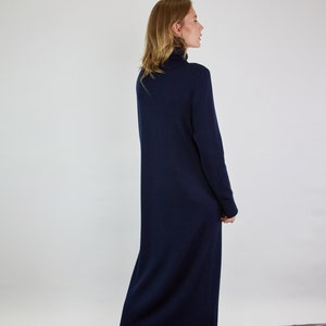 long turtleneck dark blue color knit merino wool dress.