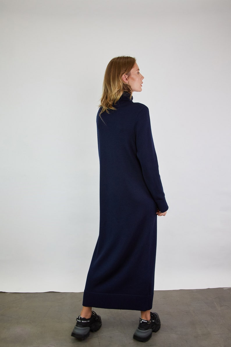 long turtleneck dark blue color knit merino wool dress.