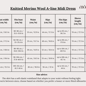 May include: A size chart for a Knitted Merino Wool A-line Midi Dress by monala. The table lists sizes XS through XL with measurements in cm and inches for bust width, fits bust, waist, hips, fits hips, sleeve length, and total dress length.
