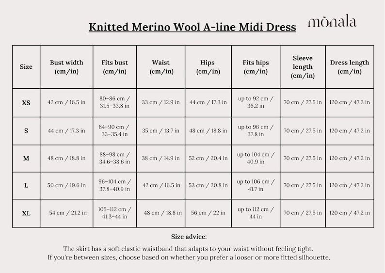 May include: A size chart for a Knitted Merino Wool A-line Midi Dress by monala. The table lists sizes XS through XL with measurements in cm and inches for bust width, fits bust, waist, hips, fits hips, sleeve length, and total dress length.