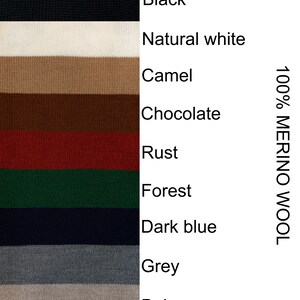 May include: Swatch card displaying 10 different colours of 100% merino wool yarn. The colours are black, natural white, camel, chocolate, rust, forest, dark blue, grey, and beige.