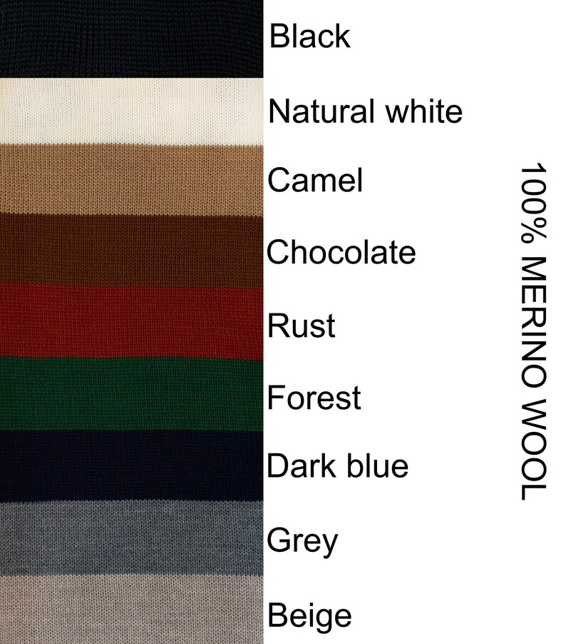 May include: Swatch card displaying 10 different colours of 100% merino wool yarn. The colours are black, natural white, camel, chocolate, rust, forest, dark blue, grey, and beige.