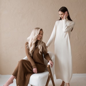 turtle neck long knit dresses, brown and natural white colors.