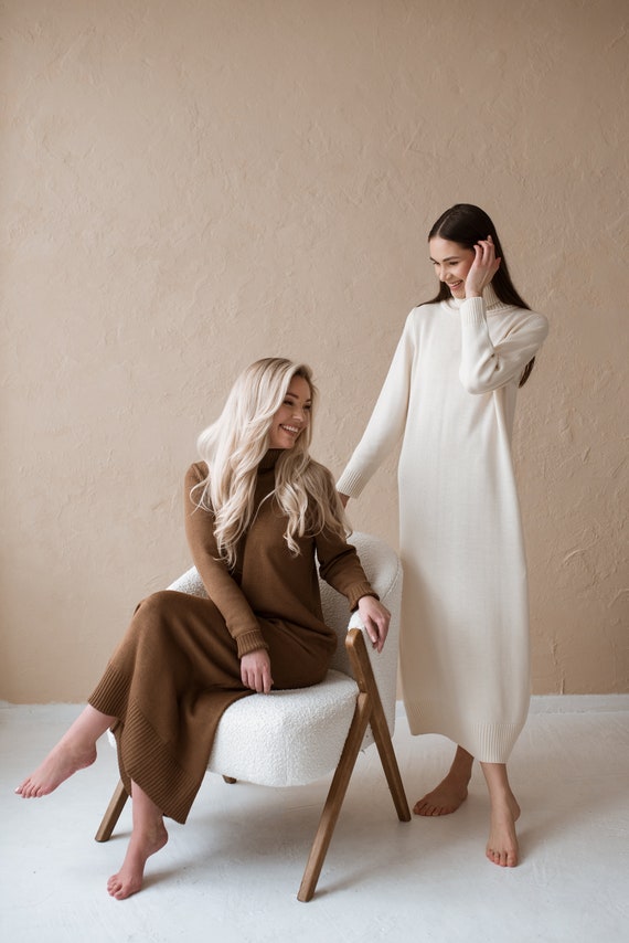 Merino Wool Turtleneck Dress: Long Knitted Tunic, Ruffled Sleeves