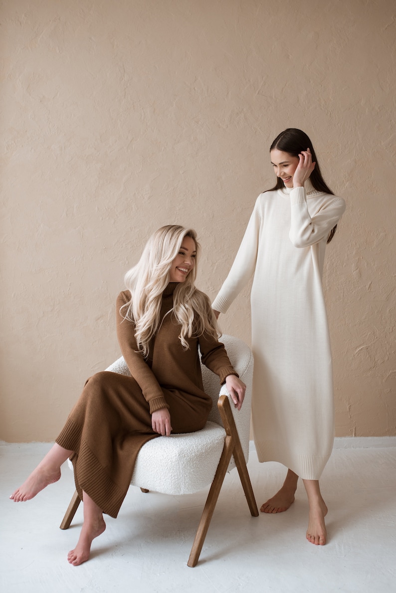 turtle neck long knit dresses, brown and natural white colors.