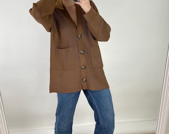 Fisherman cardigan, Merino wool button down cardigan, Relaxed fit wool sweater, Knitted brown wool cardigan with pockets, Women knitwear