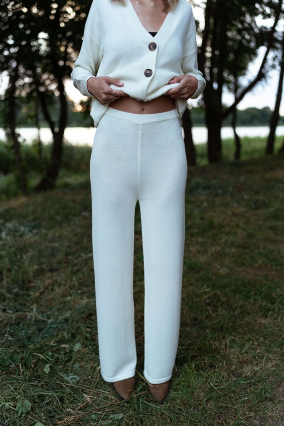 Pantalon Femme En Laine Tricotée – Taille Haute, Jambes Larges – Confortable, Décontracté, Pour Maison Et Sortie