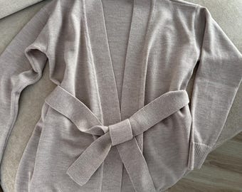 Merino Wool Belted Cardigan: Natural Knitted Sweater for Women