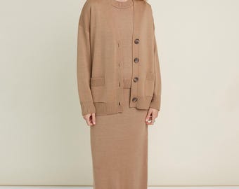 Knitted Merino Wool Three-Piece Set - Handmade Cardigan, Top & Skirt