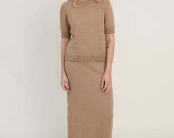 Knitted Merino Wool Skirt Set for Women- Short Sleeve Top and Long Skirt