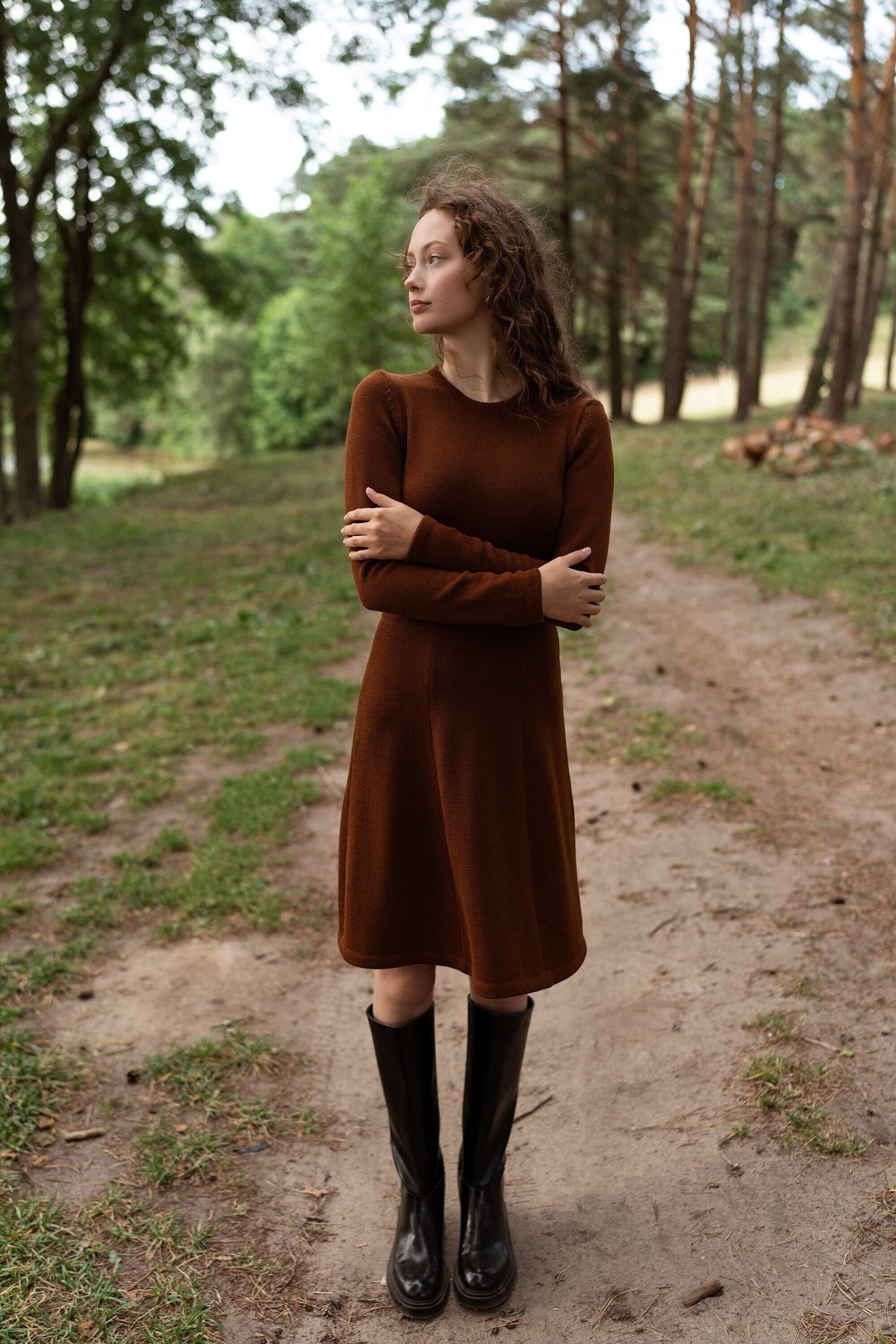 Women's 100% Merino Wool Knitted Sweater Dress Fall Winter Long Sleeve O-Neck Slim Fit Long Pencil Skirt At Women's Clothing Store