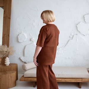 Dark brown linen top and pants