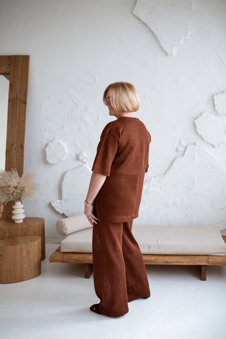 Dark brown linen top and pants