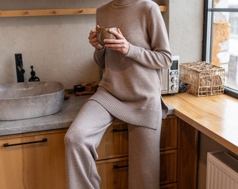 Merino Wool Knit Loungewear Set: Minimalist Sweater & Wide Leg Pants