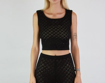 Hand Knit Merino Wool Crop Top: Pointelle Lace Tank