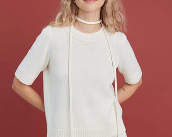 Handmade Merino Wool Knit Top: Women's Short Sleeve Blouse