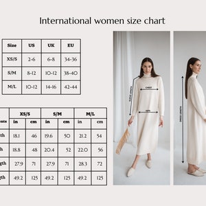Op de afbeelding: Internationale maattabel voor dames met metingen in inches en centimeters. De tabel toont de kledingmaten voor borstbreedte, heupbreedte, mouwlengte en jurk lengte. De tabel toont ook de overeenkomstige Amerikaanse, Britse en EU-maten.