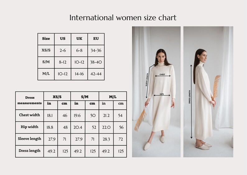 Op de afbeelding: Internationale maattabel voor dames met metingen in inches en centimeters. De tabel toont de kledingmaten voor borstbreedte, heupbreedte, mouwlengte en jurk lengte. De tabel toont ook de overeenkomstige Amerikaanse, Britse en EU-maten.