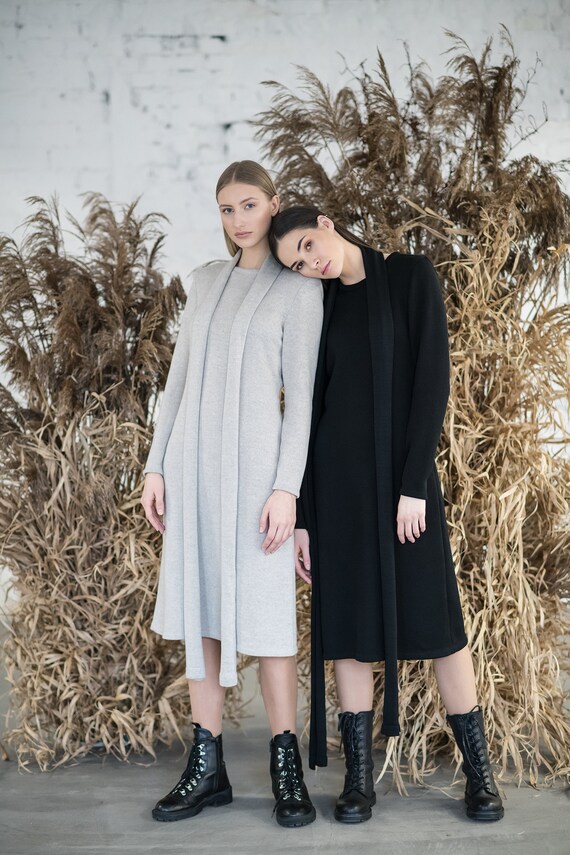 Knit Long Wool Dress Black A Line Tunic 
