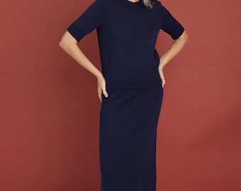 Knitted Merino Wool Skirt Set for Women- Short Sleeve Top and Long Skirt