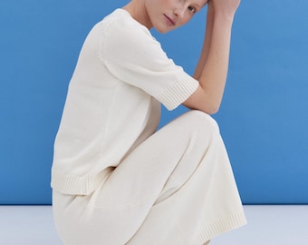 100% Cotton Knit Set – Short Sleeve Top, Long Flared Skirt