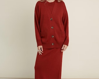 Knitted Merino Wool Three-Piece Set - Rust Cardigan, Top & Skirt
