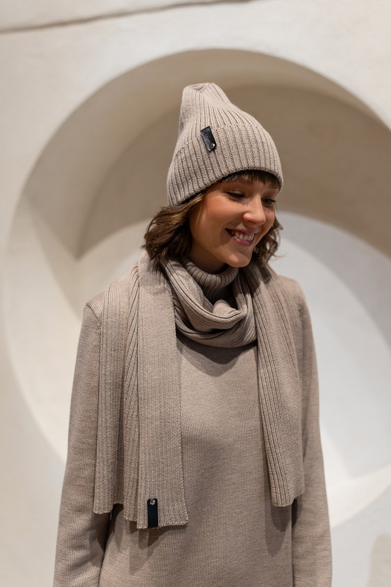 Minimalist merino wool winter hat and a wide scarf.