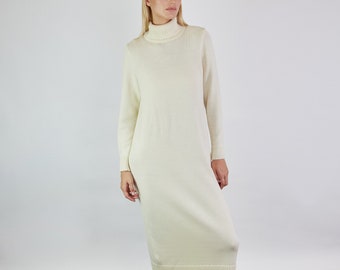 Natural white wool dress, Knit merino wool dress, Knit longline wool dress, Natural knit tunic dress, Roll neck jumper dress, Winter dress