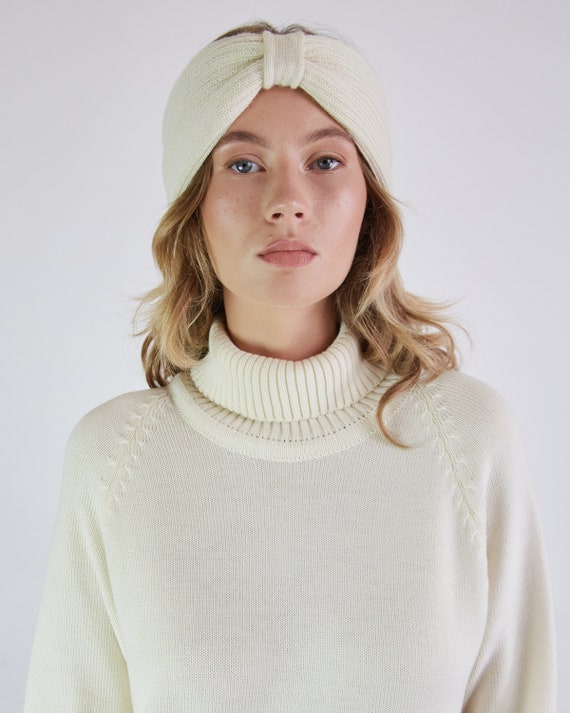 Knit Merino Wool Headband Natural White Head Wrap Womens Hair